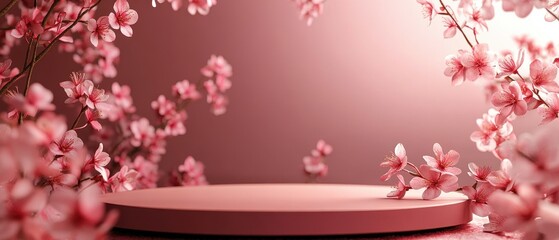 Delicate pink flowers frame a minimalist display platform in soft lighting.