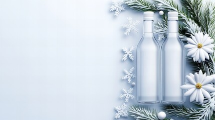 Two clear glass bottles stand decorated with white snowflakes, snow covered pine branches and white daisy flowers on a light blue backdrop creating a