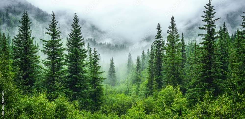 Poster fog rolling through evergreen forest of spruce trees