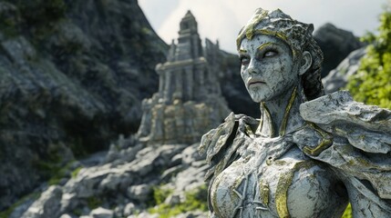 Ancient warrior woman gazes at ruined temple