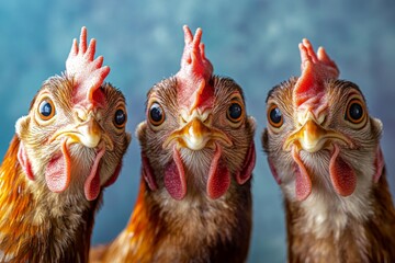Poultry takes a funny selfie on a farm, outdoors, capturing a humorous and lively moment with expressive faces in a natural setting.