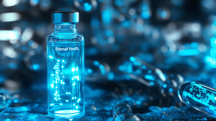 This glowing vial labeled 'Eternal Youth' contains bioengineering solutions for youth prolongation.