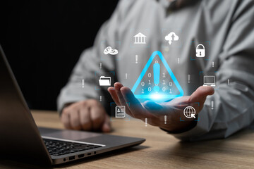 Hacker, Alert system security and software concept, Businessman show system warning hacked alert,  Warning sign, Banking, Data, Cloud computer, cybercrime, Cybersecurity, Data breach, Scam protection