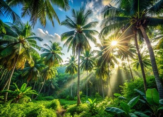 Obraz premium Lush Tropical Paradise: Vibrant Green Trees & Sunlight, Copy Space for Text
