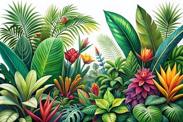 Fototapeta premium Lush Tropical Botanical Illustration: Vibrant Plants & Flowers in Detailed Artwork