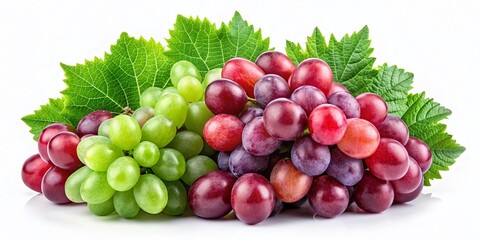 Obraz premium Lush Red & Green Grapes with Leaves Isolated on White Background - High-Resolution Stock Photo