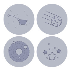 Collection of four circular icons depicting various space elements. Constellation, comet, planets, and scattered stars