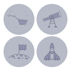 Collection of space-themed icons including telescope, rocket, flag on moon, and constellation. Astronomy and exploration concept