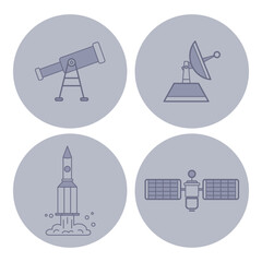 Collection of line icons depicting essential space exploration tools. Telescope, satellite dish, rocket, and satellite. Astronomical studies concept