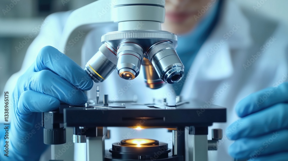 Poster Scientist adjusting microscope lens during laboratory experiment