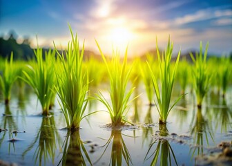 Obraz premium Lush Green Rice Seedlings Growing in Paddy Field - Asian Agriculture Stock Photo