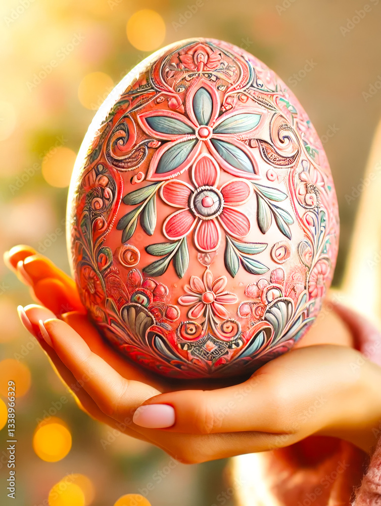 Poster intricately designed pink decorative egg held gently in a hand with soft lighting in the background