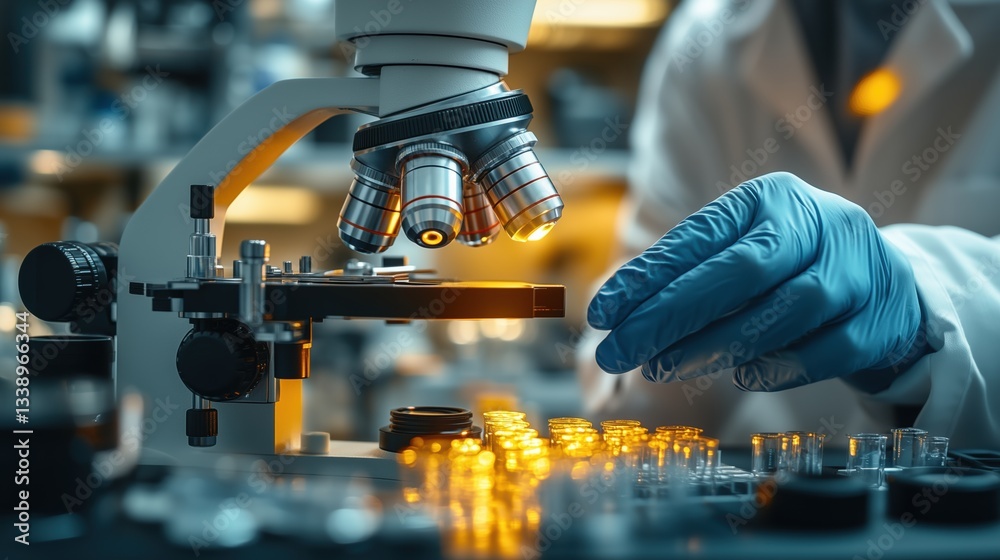 Poster scientist using microscope in laboratory with test tubes for medical research