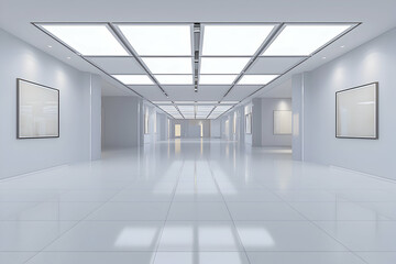 A 3D rendering of a spacious, bright luxury room with minimalist design elements.