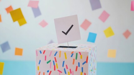 Close-Up of Ballot Box with Checkmark and Colorful Background