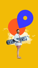 Smiling businessman in oversized formal shirt and patterned shorts, carrying snowboard against vibrant abstract background. Concept of flexible work culture, corporate retreat, adventure lifestyle.