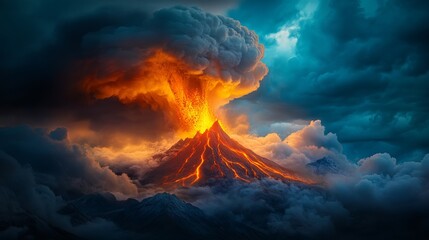 A majestic volcano erupts, sending a fiery plume of ash and lava into the sky, surrounded by dramatic clouds.