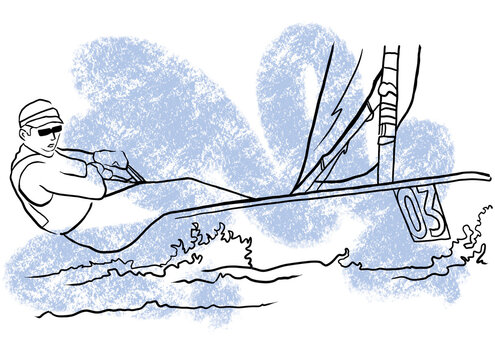 Sailor on sailboat, line art sports drawing