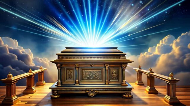 Ark of the Covenant in the Celestial Sanctuary containing the Ten Commandments of God with light effects 4K