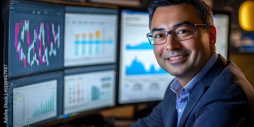 Poster businessman analyzing data on multiple monitors in modern office