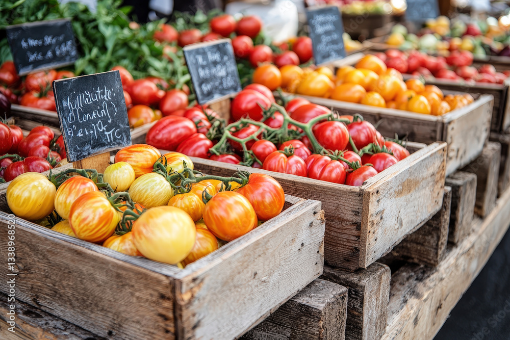 Poster fresh heirloom tomatoes in various colors are displayed in wooden crates at a lively farmers market,