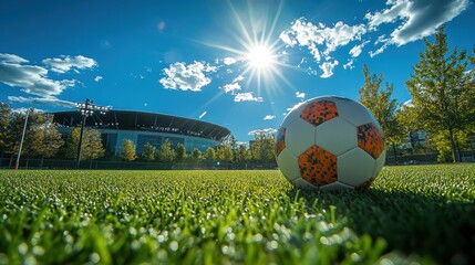 Soccer ball resting on lush green field in front of stadium under bright sunlight