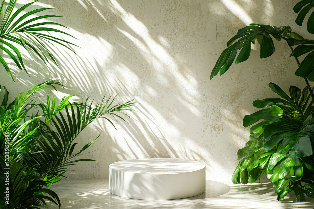 Fototapete Sunlight filters through leaves, creating patterns on a minimalist indoor setting with a white circular platform surrounded by plants
