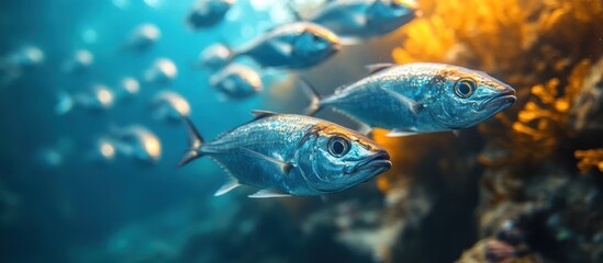Naklejka premium School of fish swimming near a vibrant coral reef in clear blue ocean water.