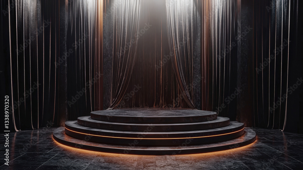 Aufkleber An illuminated stage features multiple levels, surrounded by dark curtains, creating an elegant atmosphere for events or performances