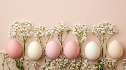 Pastel banner for Easter, postcard layout or greetings with Easter eggs and spring flowers on pink background © KatrinaQQ