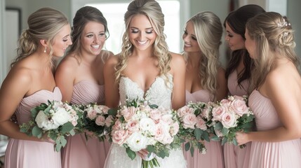 Bridal party gathers for joyful moments before ceremony in soft pink attire with beautiful flower bouquets