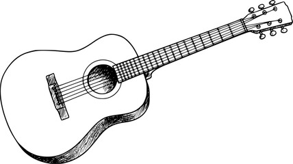 Acoustic guitar, black and white illustration, simple line drawing, musical instrument, six strings, guitar body, fretboard, sound hole, tuning pegs, guitar bridge, minimalist design, monochrome sketc