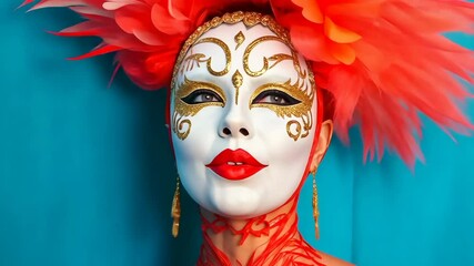 A woman with a red and gold mask on her face