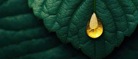 A single golden water droplet on a dark green leaf, illuminated by sunset light, ethereal and dramatic