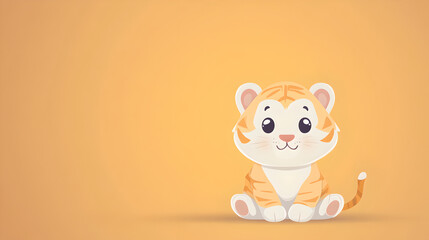 A cheerful cartoon tiger cub sits against a soft, gradient orange background.