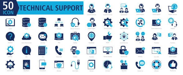 Technical Support Icon Set with Customer Services, Customer Services, Conversation, Online Support, Online Support, Support Services, Guide, Server, Server and Network	