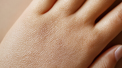 Fototapeta premium Skin texture of a human hand shows fine details, illuminated by gentle natural light, emphasizing its uniqueness and softness