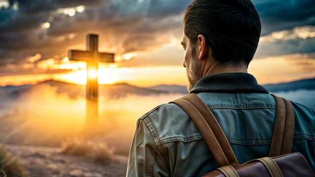 Missionary man sharing The Word of God in field at sunset to the whole world 4K