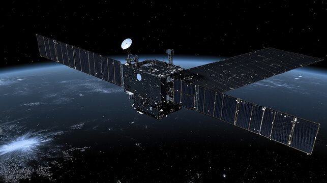 A large spacecraft orbits the earth against a dark starry background