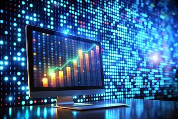 Fototapeta premium Low Light Computer Screen Displaying Increasing Numbers, Financial Data, Growth, Statistics, Millions