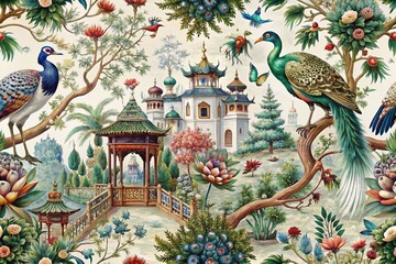 Low Light Chinoiserie Peacock Palace Garden Pattern