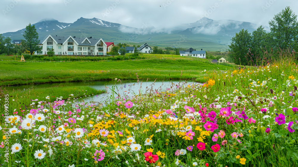 Poster vibrant wildflowers bloom around a serene pond with mountains in the background on a cloudy day