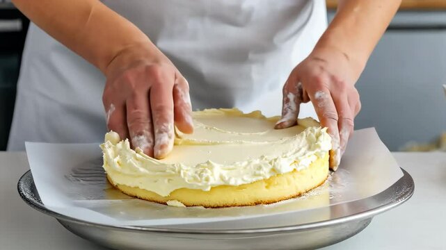 A person is making a cake with a white frosting