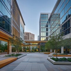 Glass facade modern corporate courtyard greenery design high resolution picture