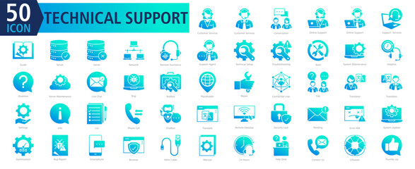 Technical Support Icon Set with Customer Services, Customer Services, Conversation, Online Support, Online Support, Support Services, Guide, Server, Server and Network	