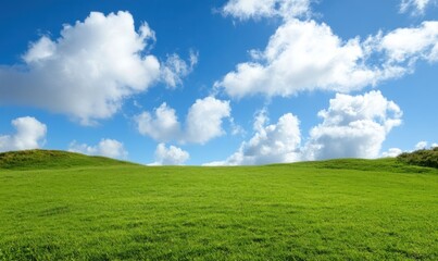 Naklejka premium Sunny day, green hills, blue sky, clouds; nature background