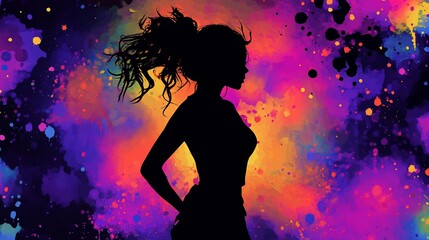 Silhouette of a woman against a vibrant, colorful background.