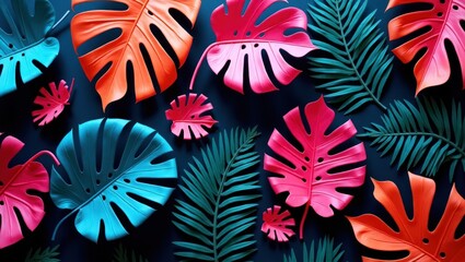 Vibrant Tropical Leaf Arrangement on Dark Background