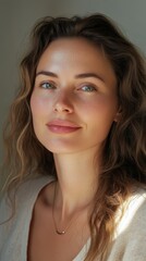 Naklejka premium A woman with natural makeup looks at the camera with a soft smile, her skin glowing in the sunlight