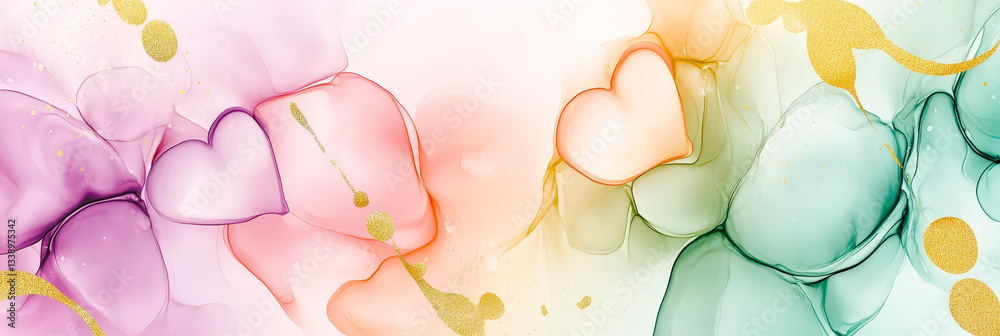 Poster vibrant hearts intertwine with fluid colors in a harmonious watercolor backdrop, adding a touch of e